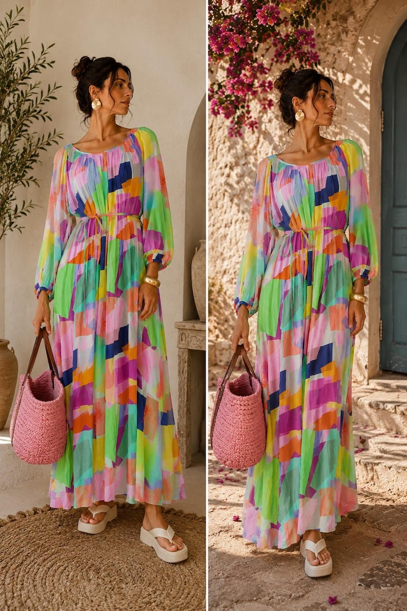Pu&ograve; includere: Un abito lungo e fluido con un vivace motivo astratto nei toni del rosa, blu, verde e giallo. L'abito presenta maniche lunghe e vita stretta. Una borsa tote rosa intrecciata e sandali bianchi completano il look.