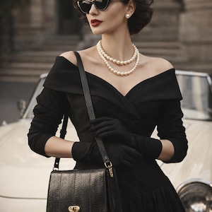 Può includere: Una donna con un abito nero, guanti e occhiali da sole, con una collana di perle e una borsa nera. L'abito ha una scollatura a spalle scoperte. Gli occhiali da sole hanno una forma a occhi di gatto. La borsa ha una chiusura dorata.