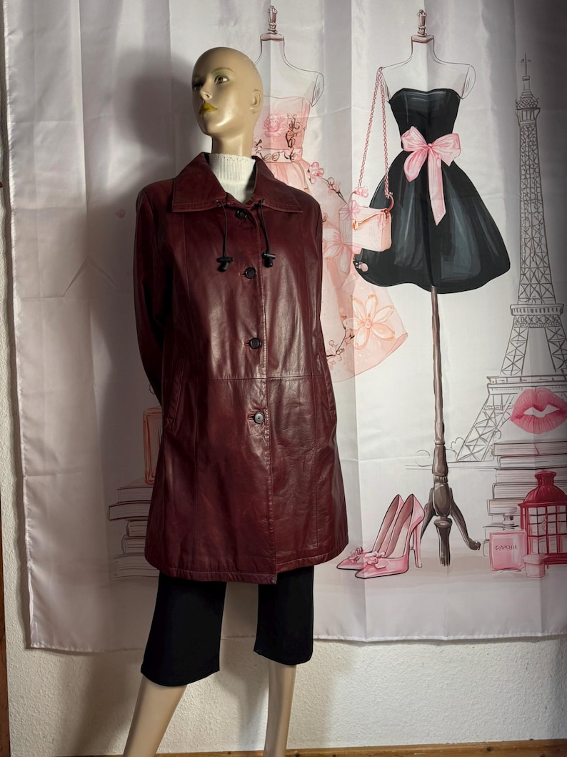 Vintage Burgundy Lamb Leather Coat Women 90s Oxblood Leather Jacket Minimalist Quiet Luxury Long Leather Coat EU 38 40 42 US M/L Bild 4