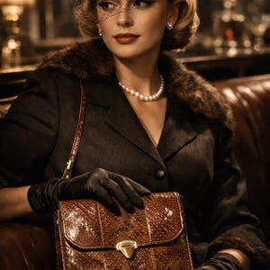 May include: A woman in a black hat with a veil, a black coat with a fur collar, and black gloves. She wears a pearl necklace and holds a brown snakeskin handbag with a gold clasp. The image evokes a vintage aesthetic, reminiscent of classic Hollywood glamour and style.