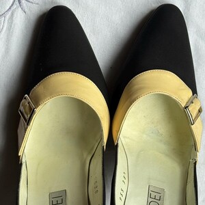May include: Pair of black pointed-toe pumps with a light tan strap across the top, secured by a silver buckle. The brand name "CASADEI" is visible inside the shoe. The shoes have a classic, elegant design.
