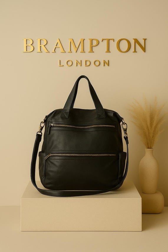 Rare Brampton London Black Leather Tote Bag – Vintage Luxury Unisex Shoulder Bag with Zippers, Streetstyle Everyday Handbag