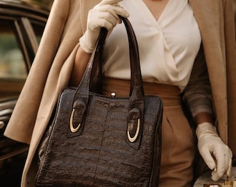 Vintage 1940s Brown Croc Embossed Leather Handbag Top Handle Frame Bag Old Money Classic Structured Purse Rare