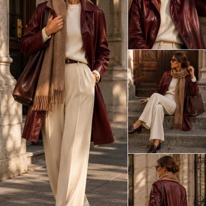 K&ouml;nnte beinhalten: Ein burgunderroter Ledermantel &uuml;ber einem cremefarbenen Pullover und einer weiten Hose. Das Outfit umfasst einen beigen Schal, eine dunkelbraune Ledertasche und dunkelbraune Slipper. Der Mantel hat einen Kragen, Kn&ouml;pfe und lange &Auml;rmel.