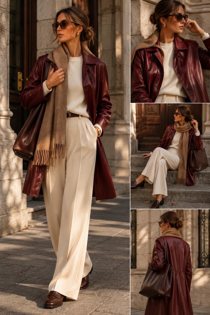 K&ouml;nnte beinhalten: Ein burgunderroter Ledermantel &uuml;ber einem cremefarbenen Pullover und einer weiten Hose. Das Outfit umfasst einen beigen Schal, eine dunkelbraune Ledertasche und dunkelbraune Slipper. Der Mantel hat einen Kragen, Kn&ouml;pfe und lange &Auml;rmel.