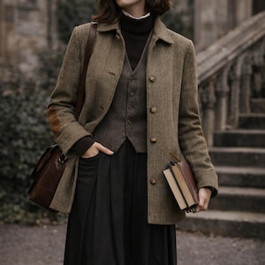 Könnte beinhalten: Eine Frau trägt eine braune Tweedjacke mit Ellbogenflicken, eine graue Weste und einen schwarzen Rock. Sie trägt eine braune Ledertasche und hält zwei Bücher. Das Outfit hat einen klassischen, akademischen Stil.