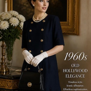 Könnte beinhalten: Eine Frau in einem marineblauen Kleid mit goldenen Knöpfen, weißen Handschuhen und einer schwarzen Handtasche. Das Bild enthält den Text "1960s Old Hollywood Elegance". Das Kleid hat einen Faltenrock und wird mit einer Perlenkette kombiniert.