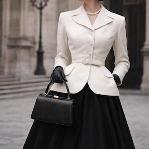 Könnte beinhalten: Eine Frau in einem Outfit im Vintage-Stil. Sie trägt einen schwarzen Hut, eine cremefarbene Jacke mit Taillengürtel und einen schwarzen Rock. Sie trägt eine schwarze Handtasche und schwarze Handschuhe. Eine Perlenkette und Ohrringe vervollständigen den Look.