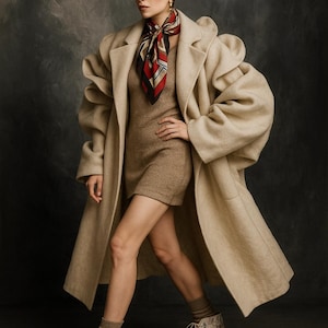 Op de afbeelding: Een vrouw draagt een beige overjas, een bruine jurk en laarzen met een patroon. Een rode, zwarte en witte sjaal zit om de nek. De jas heeft grote, gezwollen mouwen. De achtergrond is een donker, getextureerd grijs.