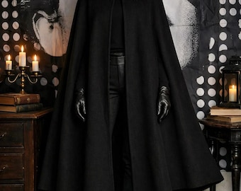 Vintage 1950s Black Wool Cape Fox Fur Collar Couture Evening Coat Old Hollywood Gothic Parisian Luxury