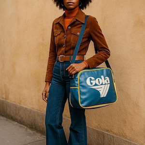 May include: A person wearing a brown suede jacket, orange turtleneck, and flared blue jeans. A blue shoulder bag with the white text "Gola" is visible. The outfit is accessorized with a brown belt and sunglasses. The background is a light brown wall.