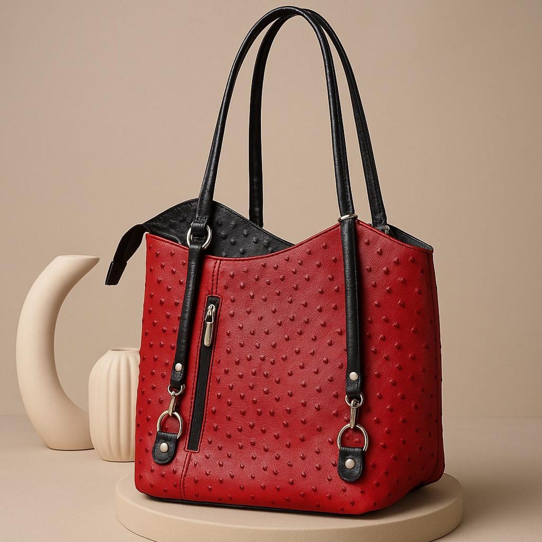 Red and Black Ostrich Embossed Leather Bag – Made in Italy 