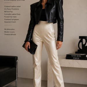 Puede incluir: Una mujer con una chaqueta de cuero negra corta con hombreras, un top minimalista y pantalones de cuero de cocodrilo. Lleva tacones de punta, gafas de sol grandes y un clutch. Texto: "DESIGNER INSPIRED LOOK".