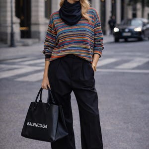 Puede incluir: Una mujer con un suéter a rayas de colores, una bufanda negra y pantalones negros, sosteniendo un bolso tote de cuero negro con "BALENCIAGA" impreso. Lleva gafas de sol y pendientes de aro dorados. El fondo muestra una calle de la ciudad.