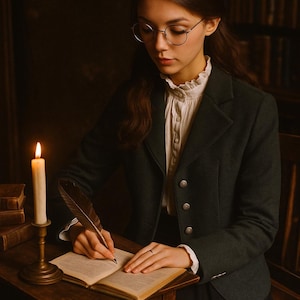 Puede incluir: Una persona con una chaqueta verde oscuro y gafas escribe en un libro con una pluma. Una vela encendida en un candelabro de latón está sobre la mesa de madera. La escena tiene lugar en una habitación tenue con estanterías al fondo.