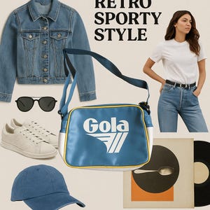 May include: A collection of retro sporty style clothing and accessories. Includes a denim jacket, sunglasses, white sneakers, a blue baseball cap, a blue and white shoulder bag with the brand name "Gola", a white t-shirt, and a pair of jeans.