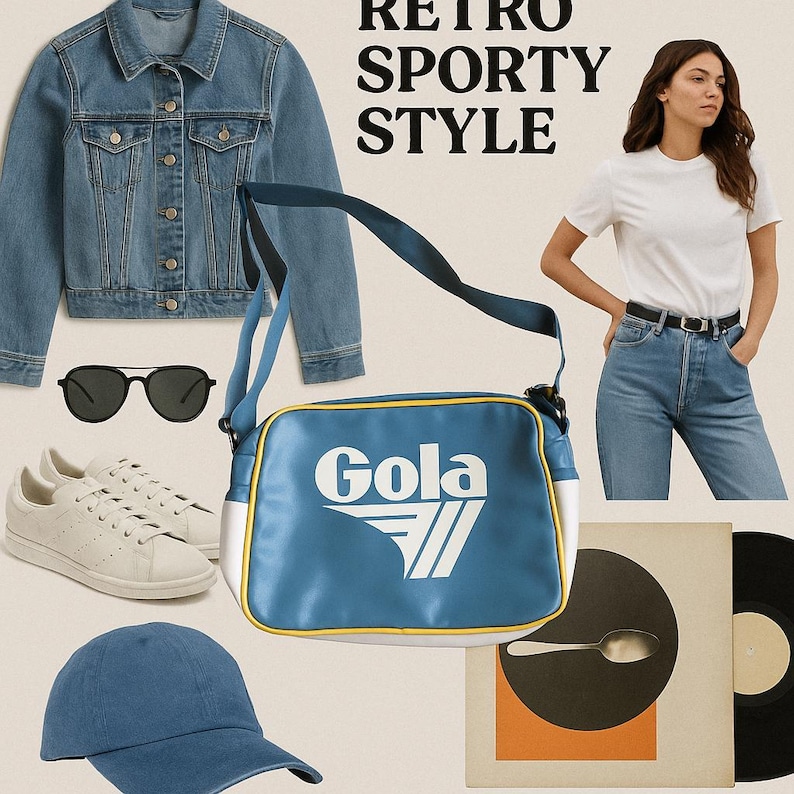 May include: A collection of retro sporty style clothing and accessories. Includes a denim jacket, sunglasses, white sneakers, a blue baseball cap, a blue and white shoulder bag with the brand name "Gola", a white t-shirt, and a pair of jeans.