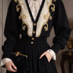 Könnte beinhalten: Schwarze Strickjacke mit goldenen Verzierungen und Knöpfen, kombiniert mit einem schwarzen Rock. Die Strickjacke hat eine cremefarbene Blende mit aufwendiger goldener Stickerei. Eine schwarze Samt-Clutch wird gehalten.
