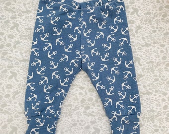 Handmade Cotton Jersey Nouveau-né Leggings Bébé Ancres Bleues Neutre Unisexe Bébé Garçon Bébé Fille