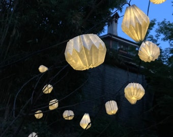 SOLAR OUTDOOR string light with 10 handfolded origami plissea in 4 different shapes / mood-lightning / patio / feature /  weather-proof