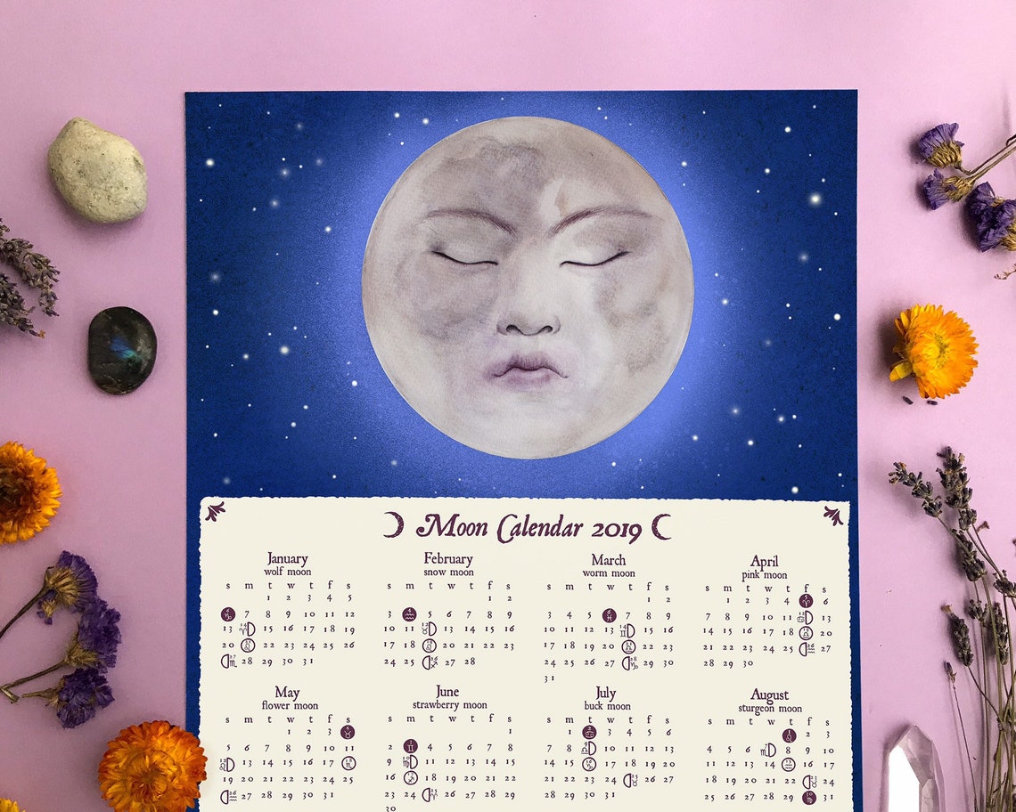 Moon phases calendar 2019 Lunar calendar Zodiac sign Full Etsy