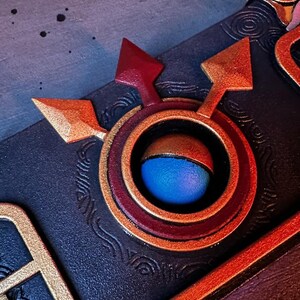 May include: A close-up of a dark blue leather-bound journal with a gold and red decorative clasp. The clasp features a circular design with a blue eye in the center.