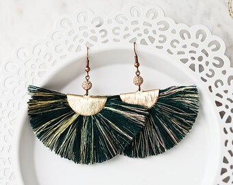 Fan tassel earrings, black tassel earrings, statement earrings, party earrings, long earrings, woman&#39;s earrings, birthday gift