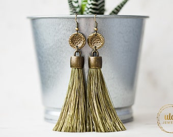 Green tassel earrings, tassel earrings, statement earrings, party earrings, long earrings, bff gift, woman&#39;s earrings
