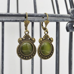 Earrings Ophelia green cateye glass cabochon, earrings in vintage style image 1