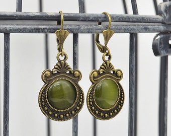 Earrings "Ophelia" green cateye glass cabochon, earrings in vintage style