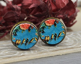 Ear clips "Birdsong" in vintage style, earrings with wooden cabochon, light clips