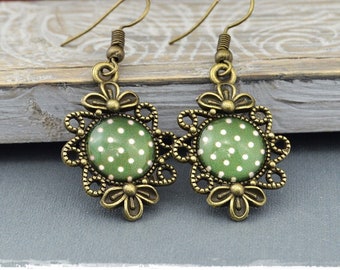 Earrings in vintage style, earrings bronze/green, dots, jewelry gifts