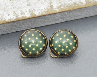 Ear clips bronze colored, vintage polka dots green