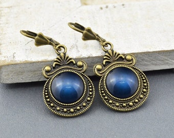 Pendientes "Ophelia" pendientes de bronce, cabujón en azul, regalos de joyería, San Valentín