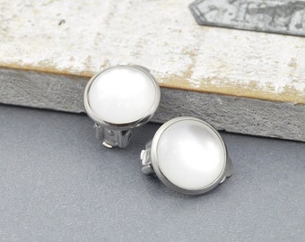 Earclips "Delicate White" Cabochon Earrings, Stainless Steel Clips