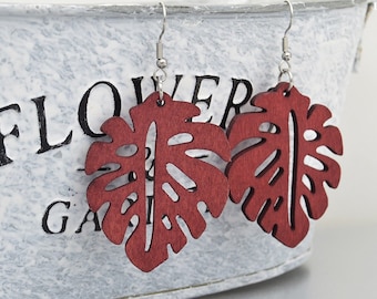 Red Wood Earrings "Leaves" Light Earrings, Stainless Steel Earhooks, Gifts, Leaf, Hanging Earrings