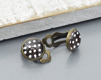 Small polka clip earrings "Pünktchen" bronze-colored earrings with clip, black and white dots