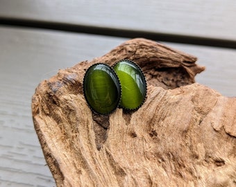 Stud earrings "Cat" oval earring with moss green cateye cabochon