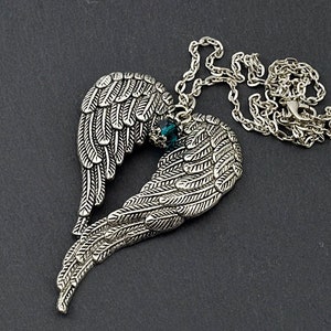 Chain Angel Wings silver necklace with wings and small glass bead, statement jewelry image 1