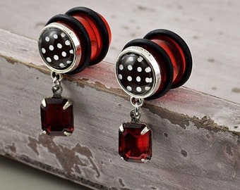 Rote Plugs 12mm Ø mit Glas Anhänger Ohrringe Hängeohrringe Plug Ohrhänger Plug Cabochon