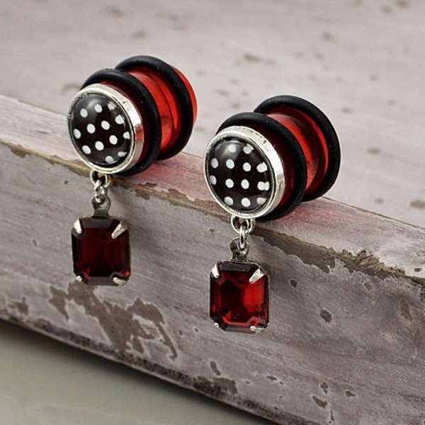 Rote Plugs 12mm Ø mit Glas Anhänger Ohrringe Hängeohrringe Plug Ohrhänger Plug Cabochon