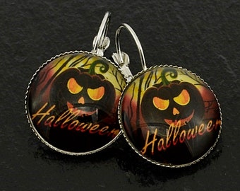 Halloween Ohrhänger, Cabochon Hängeohrringe mit Kürbiskopf