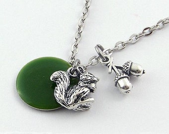 Squirrel Necklace with enamel button green