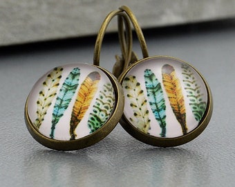 Earrings "feather" bronze earrings with colorful feather motif