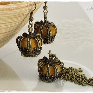 Jewelry set Krone bronze necklace with earrings in vintage style, felt bead, hanging earrings, set, Christmas image 1