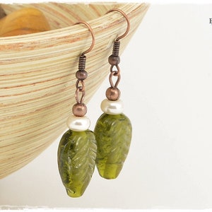 Copper earrings leaves green glass earrings image 1