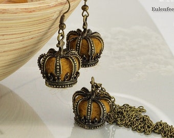 Jewelry set "Krone" bronze necklace with earrings in vintage style, felt bead, hanging earrings, set, Christmas