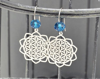 Ohrringe "Blume des Lebens" blaue Glasperlen, Edelstahl Ornament Ohrhänger