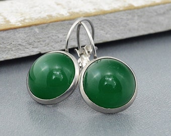 Stainless Steel Earrings, Cabochon Earrings with Green Glass Stones