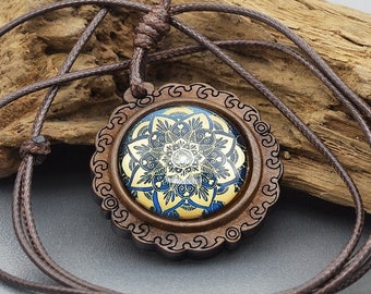 Wooden pendant necklace "Mandala" waxed cotton cord with cabochon pendant, wooden jewelry gifts, unisex